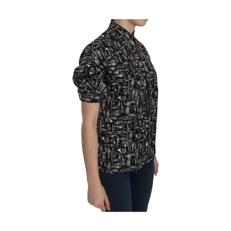 Dolce & Gabbana Black Musical Instrument Collared Blouse Shirt