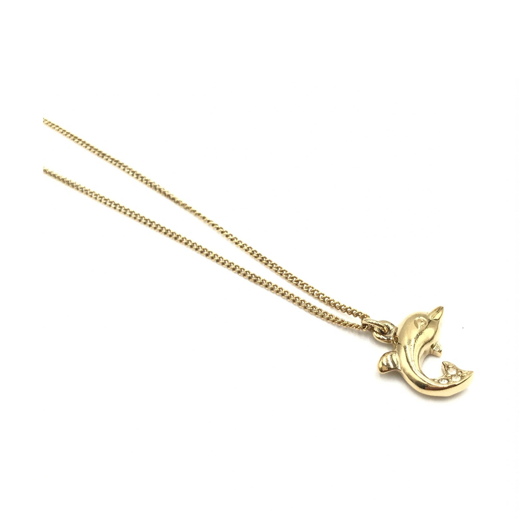 Christian Dior Dolphin Motif Rhinestone Gold Plated Necklace
