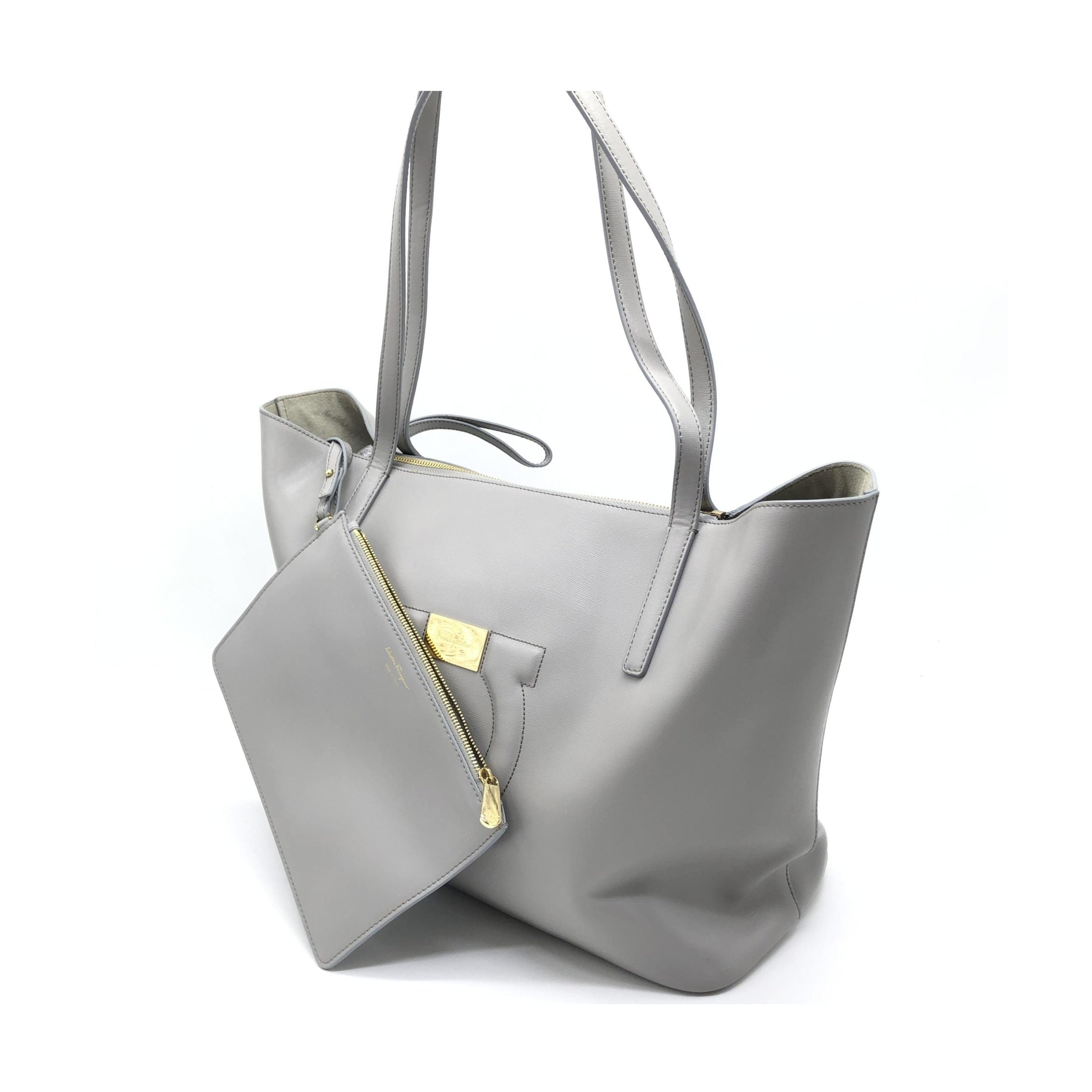 Salvatore Ferragamo Gancio City Light Grey Leather Tote Bag