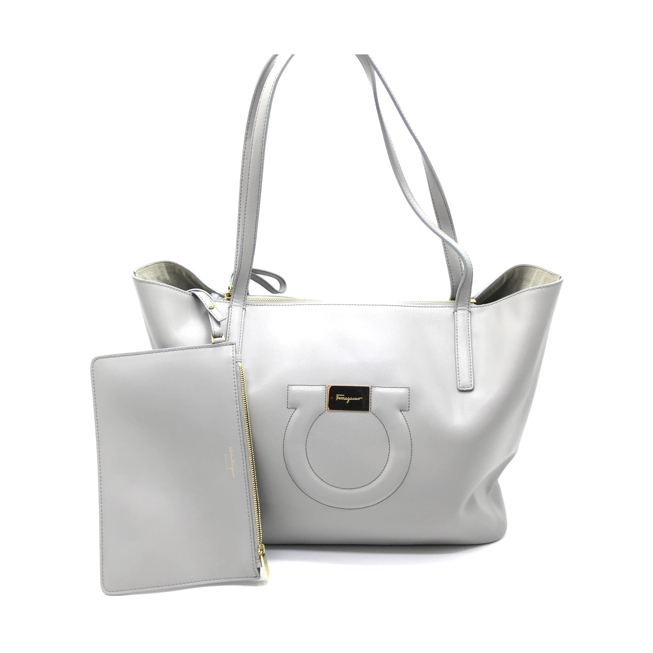 Salvatore Ferragamo Gancio City Light Grey Leather Tote Bag