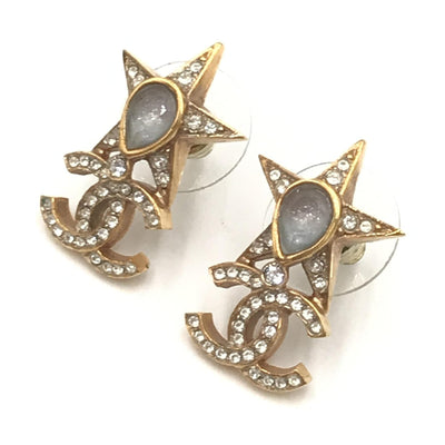 Chanel Gold Plated Star Coco Mark Earrings With Rhinestones