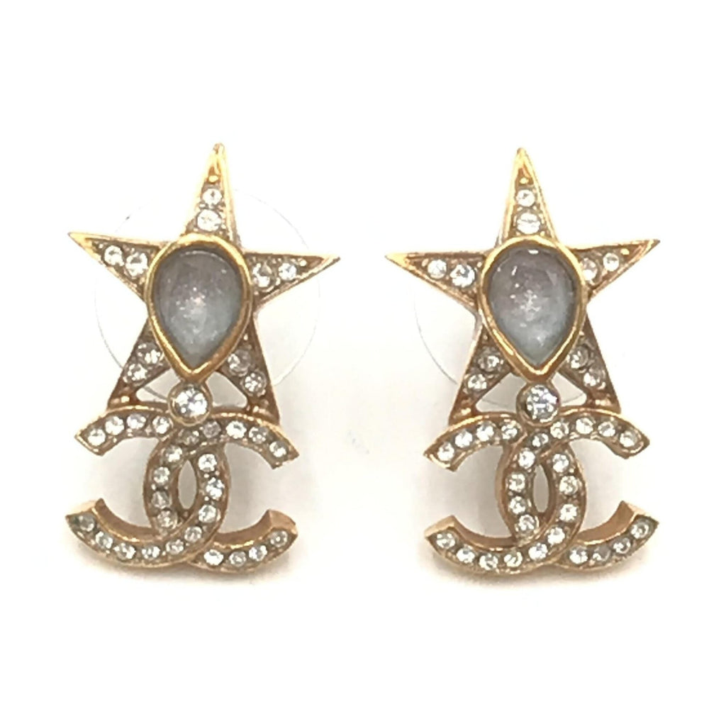 Chanel Gold Plated Star Coco Mark Earrings With Rhinestones