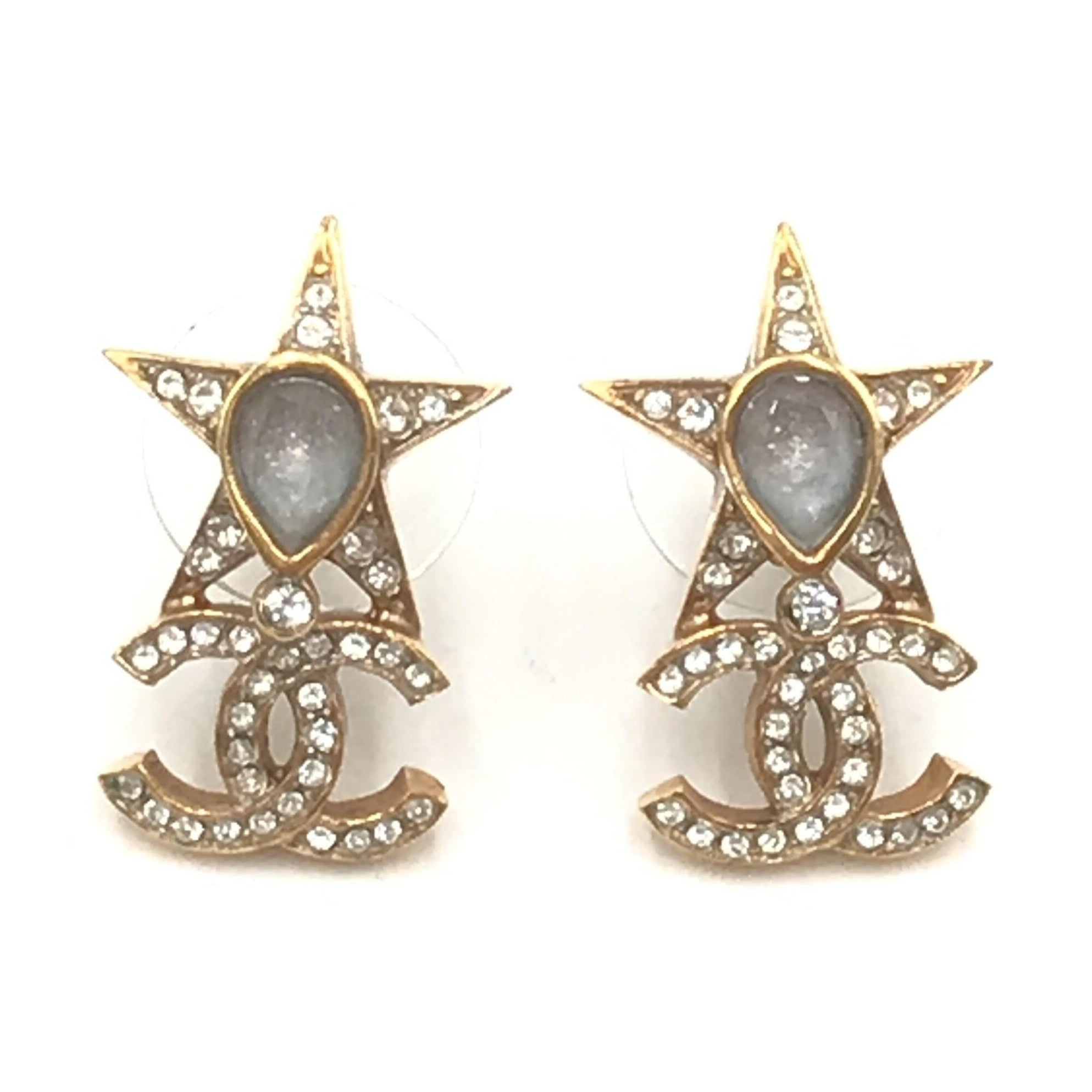 Chanel Gold Plated Star Coco Mark Earrings With Rhinestones