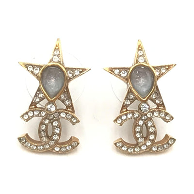 Chanel Gold Plated Star Coco Mark Earrings With Rhinestones