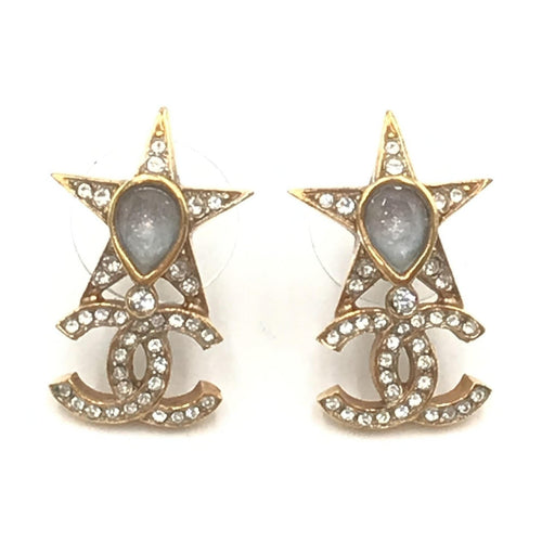 Chanel Gold Plated Star Coco Mark Earrings With Rhinestones