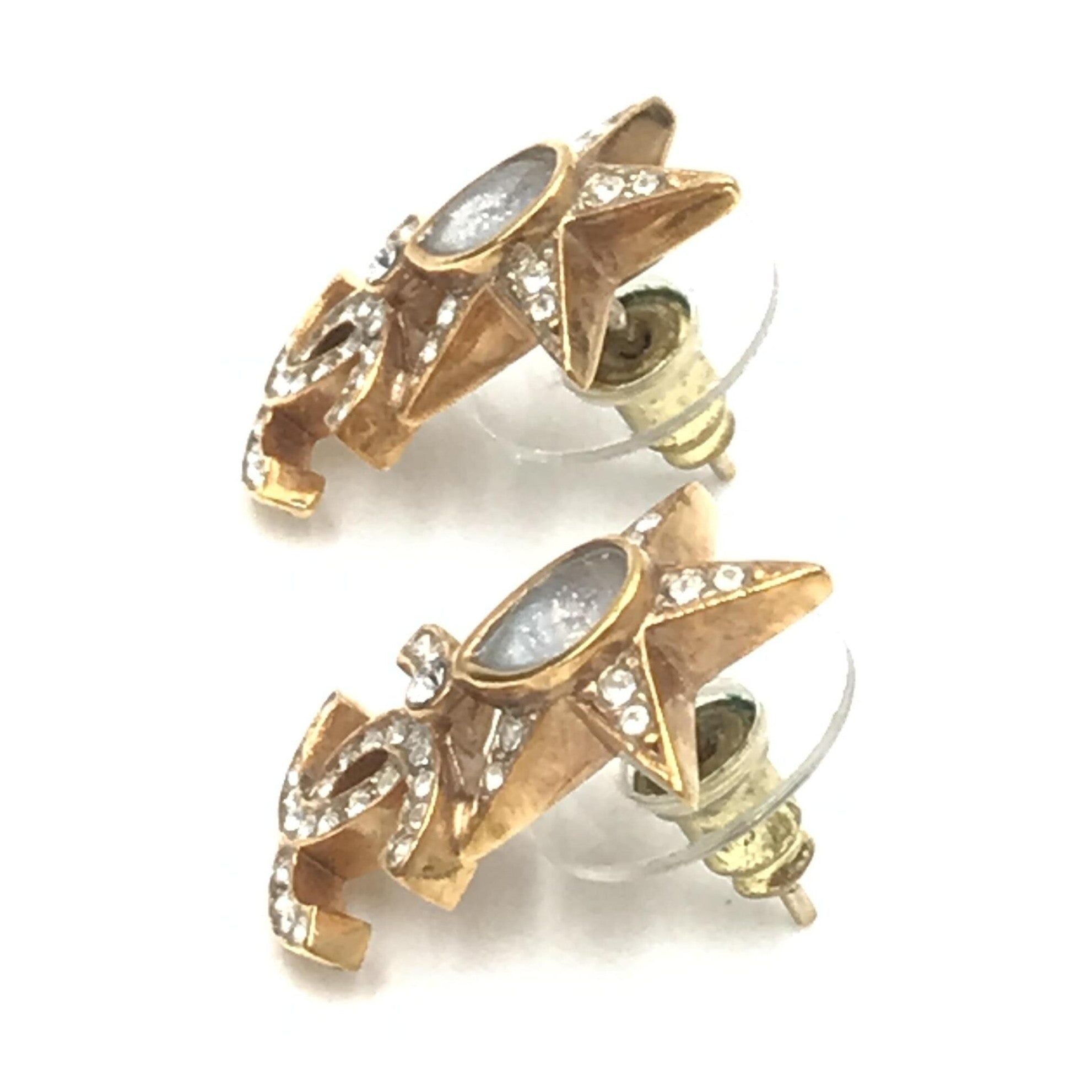 Chanel Gold Plated Star Coco Mark Earrings With Rhinestones