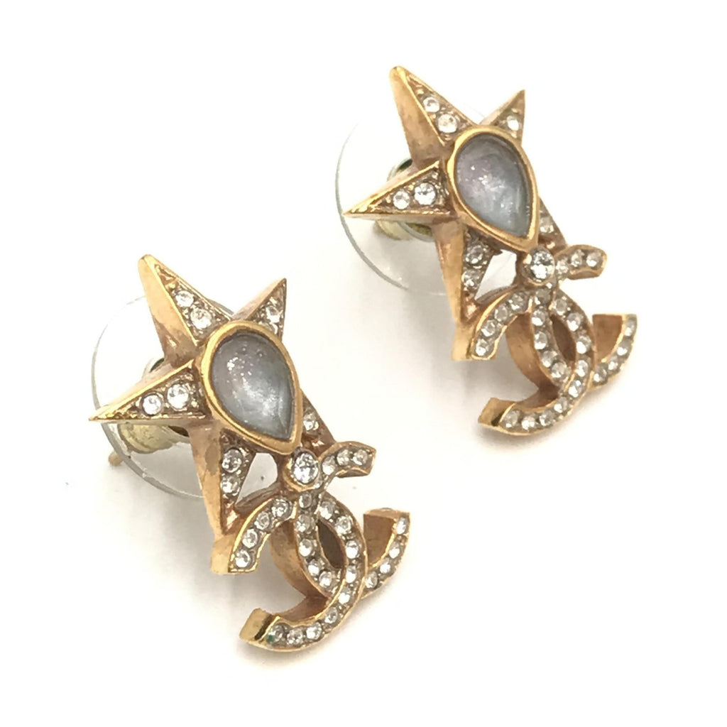 Chanel Gold Plated Star Coco Mark Earrings With Rhinestones
