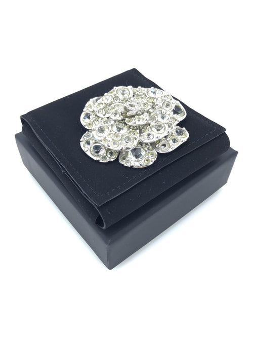 Chanel Silver Crystal Camellia Flower Brooch