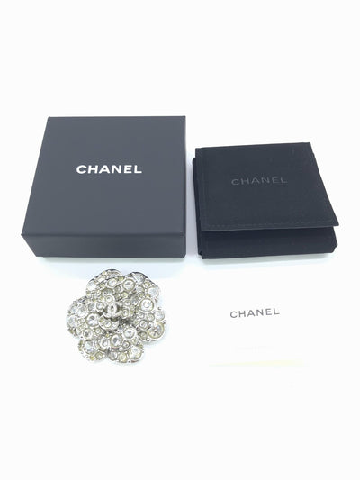 Chanel Silver Crystal Camellia Flower Brooch