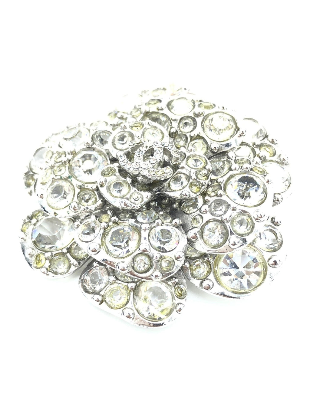 Chanel Silver Crystal Camellia Flower Brooch