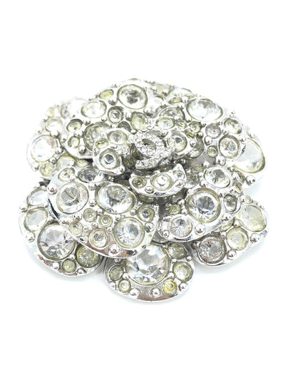 Chanel Silver Crystal Camellia Flower Brooch