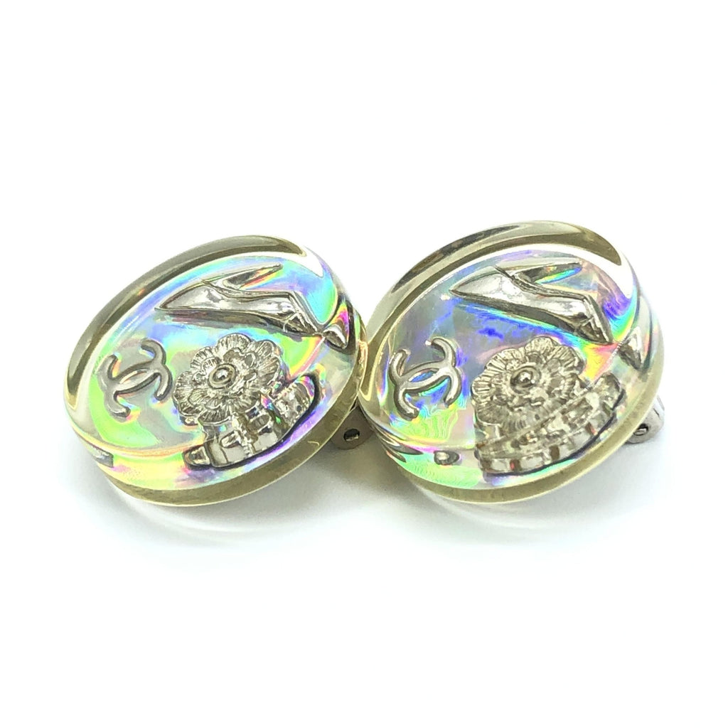Chanel Vintage Holographic Logo Clip-On Earrings