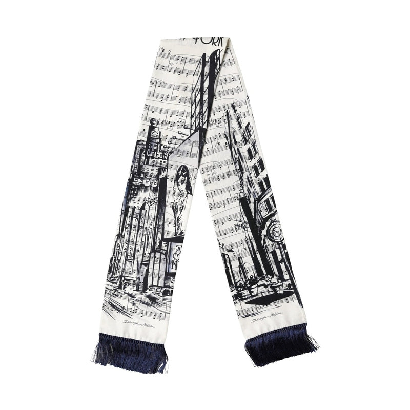 Dolce & Gabbana White Black Music City Print Silk Fringe 141cm X 15cm Scarf