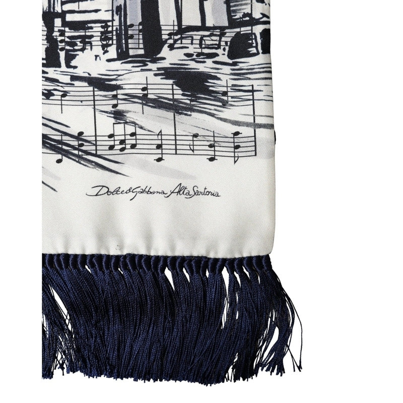 Dolce & Gabbana White Black Music City Print Silk Fringe 141cm X 15cm Scarf