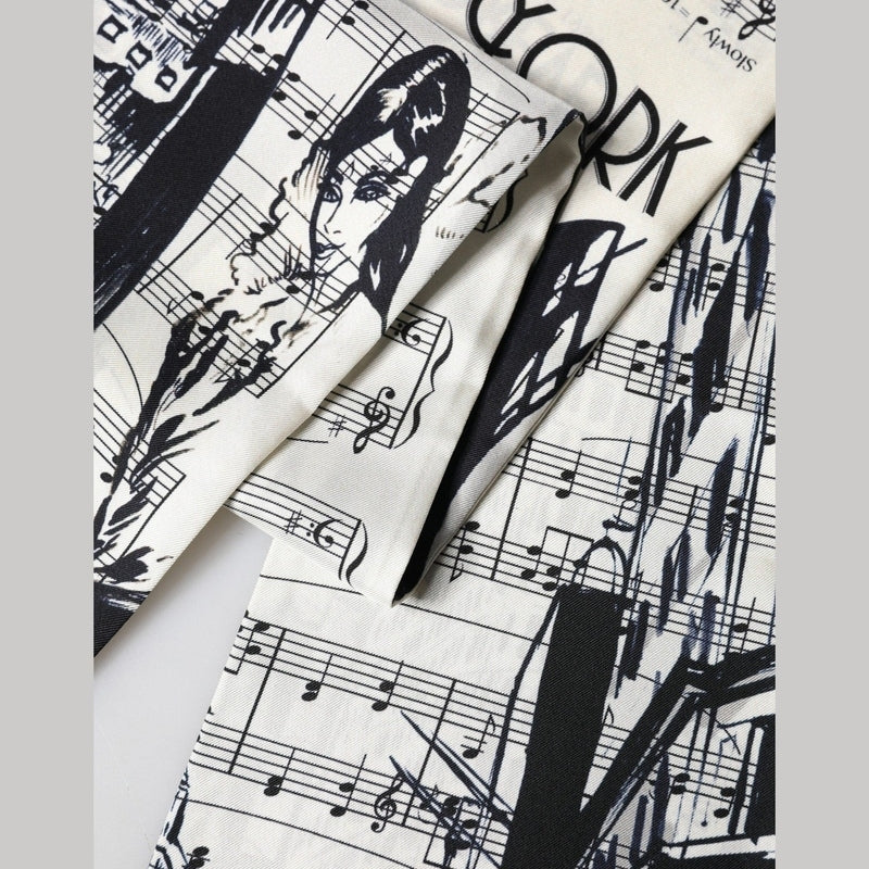 Dolce & Gabbana White Black Music City Print Silk Fringe 141cm X 15cm Scarf