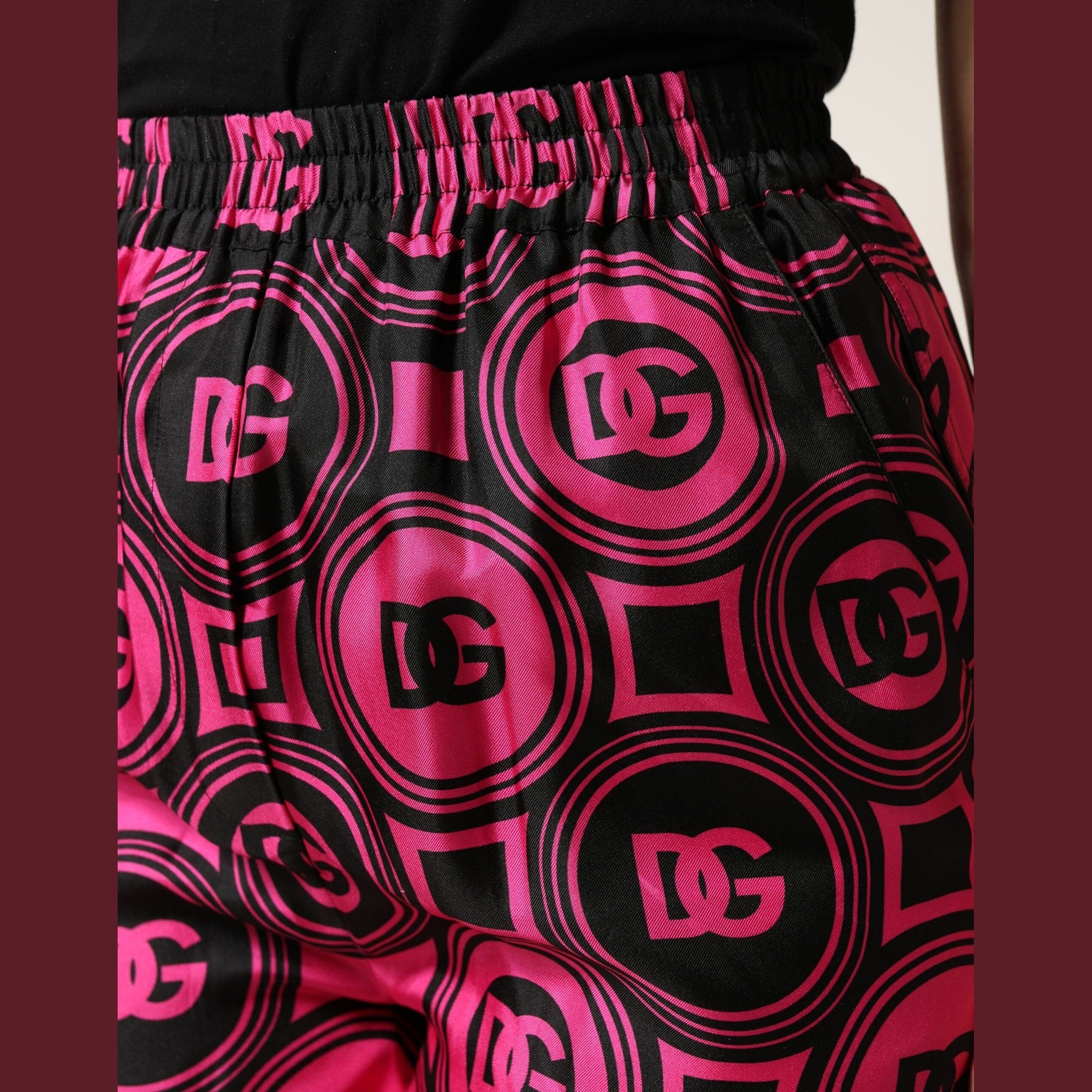 Dolce & Gabbana Black Fuchsia Silk Logo Elastic Waist Shorts