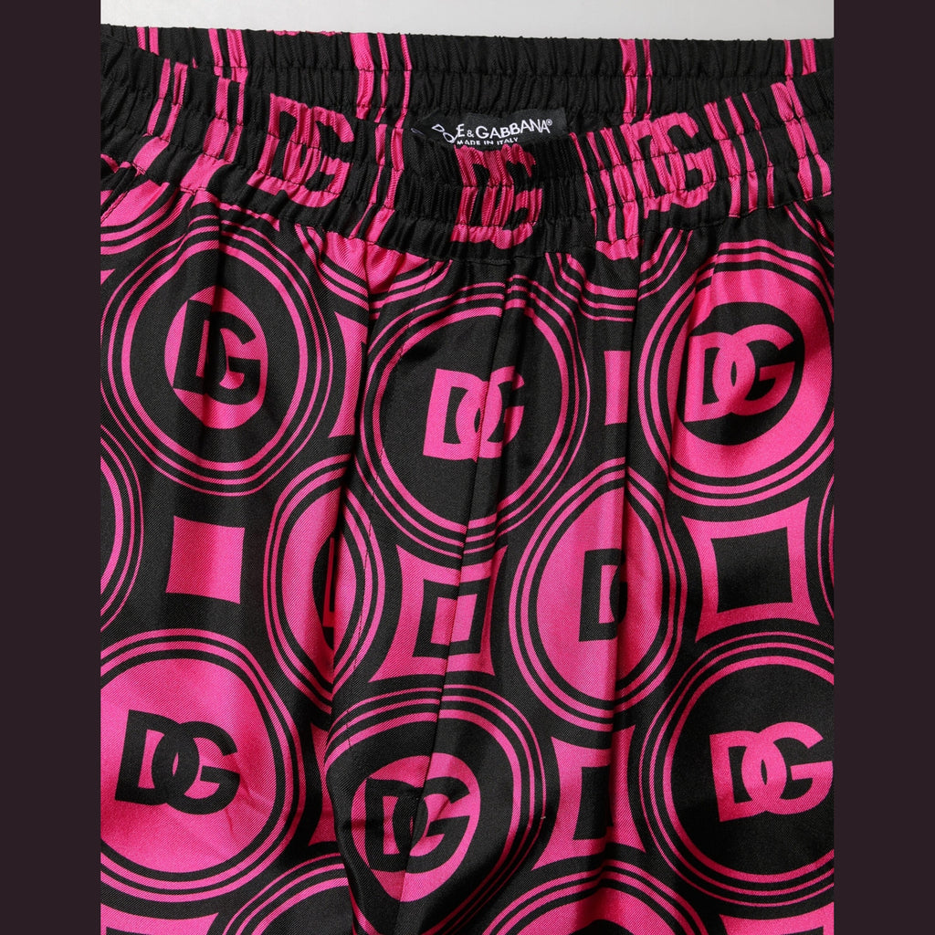 Dolce & Gabbana Black Fuchsia Silk Logo Elastic Waist Shorts