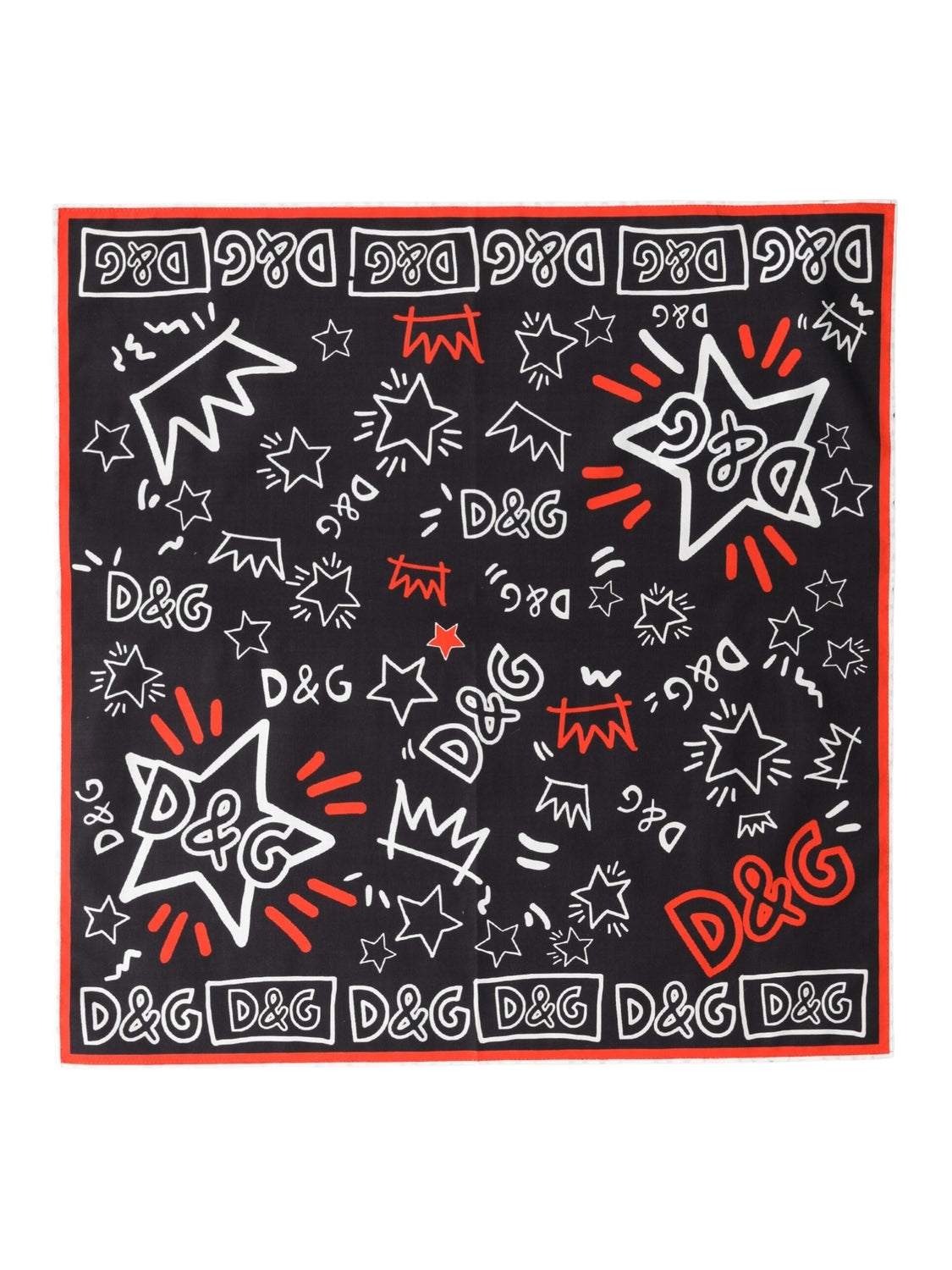 Dolce & Gabbana Black White Red DG Crown Cotton Foulard 47cm x 46cm Scarf