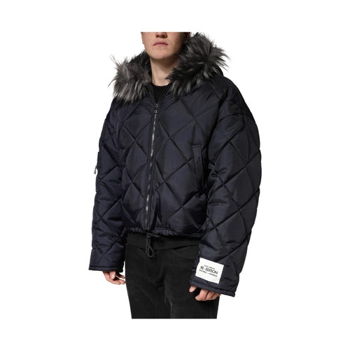 Dolce & Gabbana Black Quilted Fur Shearling Hooded  Jacket