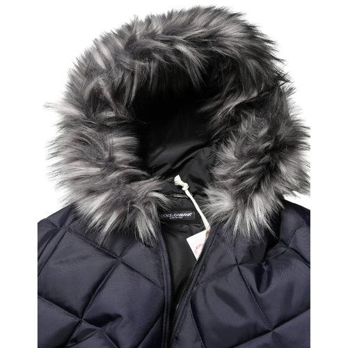 Dolce & Gabbana Black Quilted Fur Shearling Hooded  Jacket