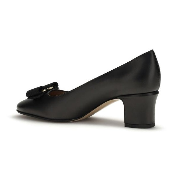 Ferragamo Black Calf Leather Bos Taurus Mid Heel Pumps