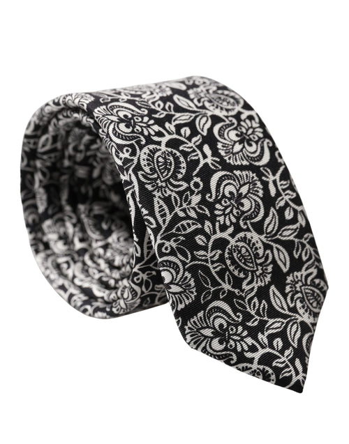 Dolce & Gabbana Black White Floral Fantasy Silk Adjustable Necktie Tie