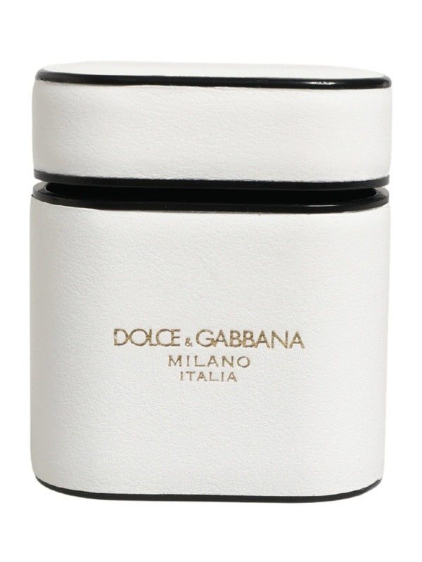 Dolce & Gabbana White Calf Leather Logo Print Flip Holder  Airpods Case