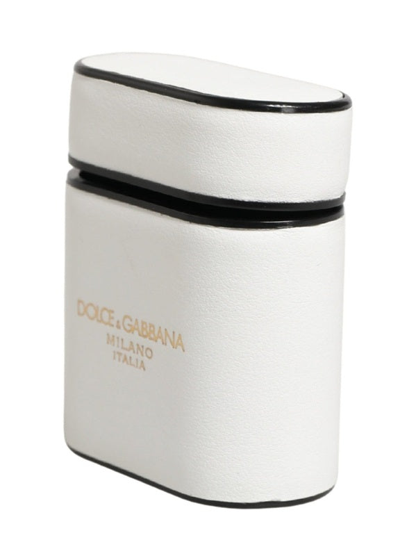 Dolce & Gabbana White Calf Leather Logo Print Flip Holder  Airpods Case
