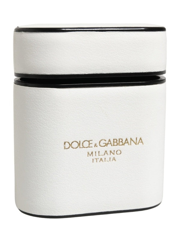 Dolce & Gabbana White Calf Leather Logo Print Flip Holder  Airpods Case