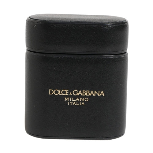 Dolce & Gabbana Black Calf Leather Logo Print Flip Holder Airpods Case