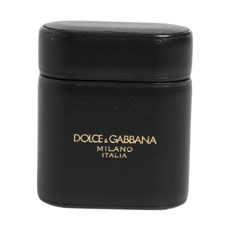 Dolce & Gabbana Black Calf Leather Logo Print Flip Holder Airpods Case