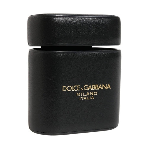Dolce & Gabbana Black Calf Leather Logo Print Flip Holder Airpods Case