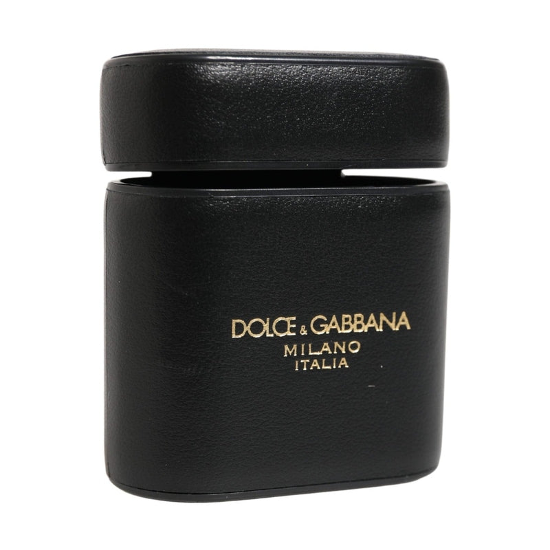 Dolce & Gabbana Black Calf Leather Logo Print Flip Holder Airpods Case