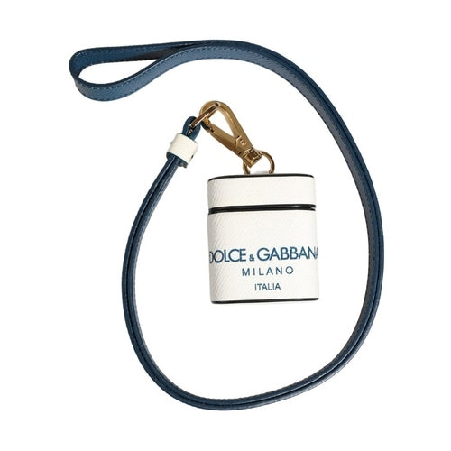Dolce & Gabbana White Calf Leather Logo Flip Holder Strap Airpods Case