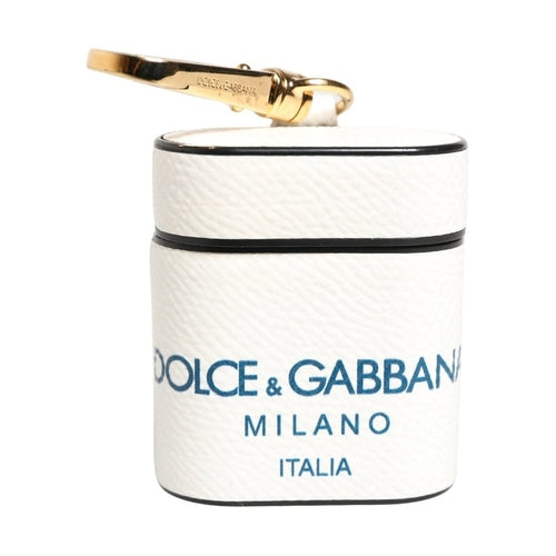 Dolce & Gabbana White Calf Leather Logo Flip Holder Strap Airpods Case