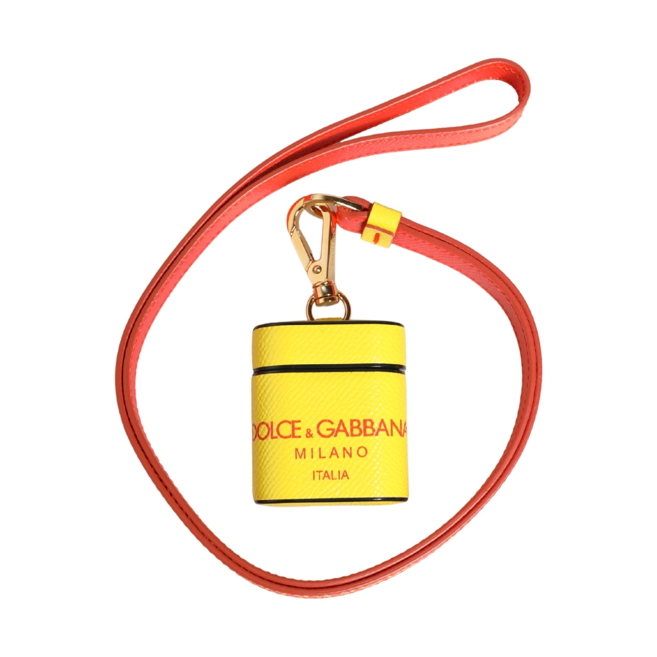 Dolce & Gabbana Yellow Calf Leather Logo Flip Holder Strap Airpods Case