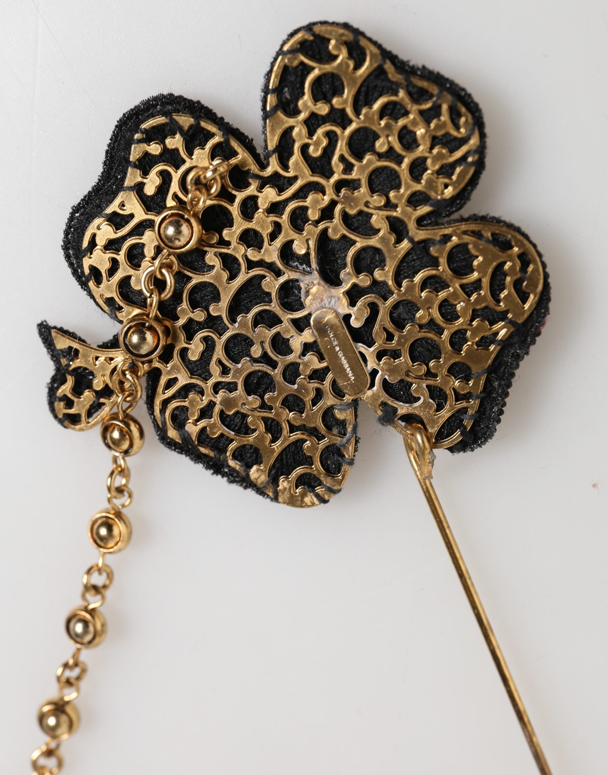 Dolce & Gabbana Black Gold Brass Crystal Chain Women Lapel Pin Brooch