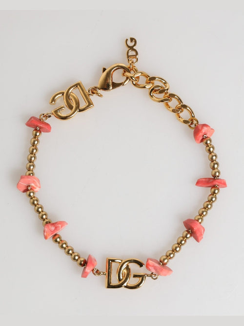 Dolce & Gabbana Gold Tone Brass Chain Link Resin Beaded DG Logo Bracelet