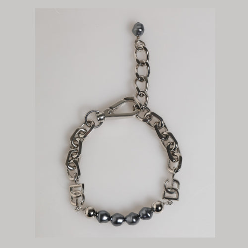 Dolce & Gabbana Silver Tone Chain Lobster Clasp Logo Gray Pearls Bracelet