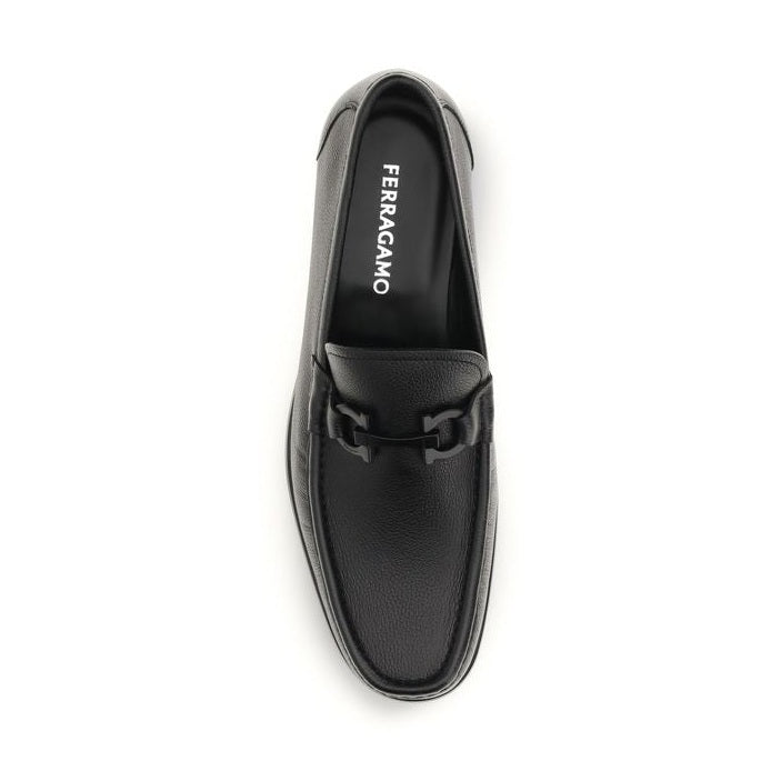 Ferragamo Black Calf Leather Bos Taurus Slip-On Loafers