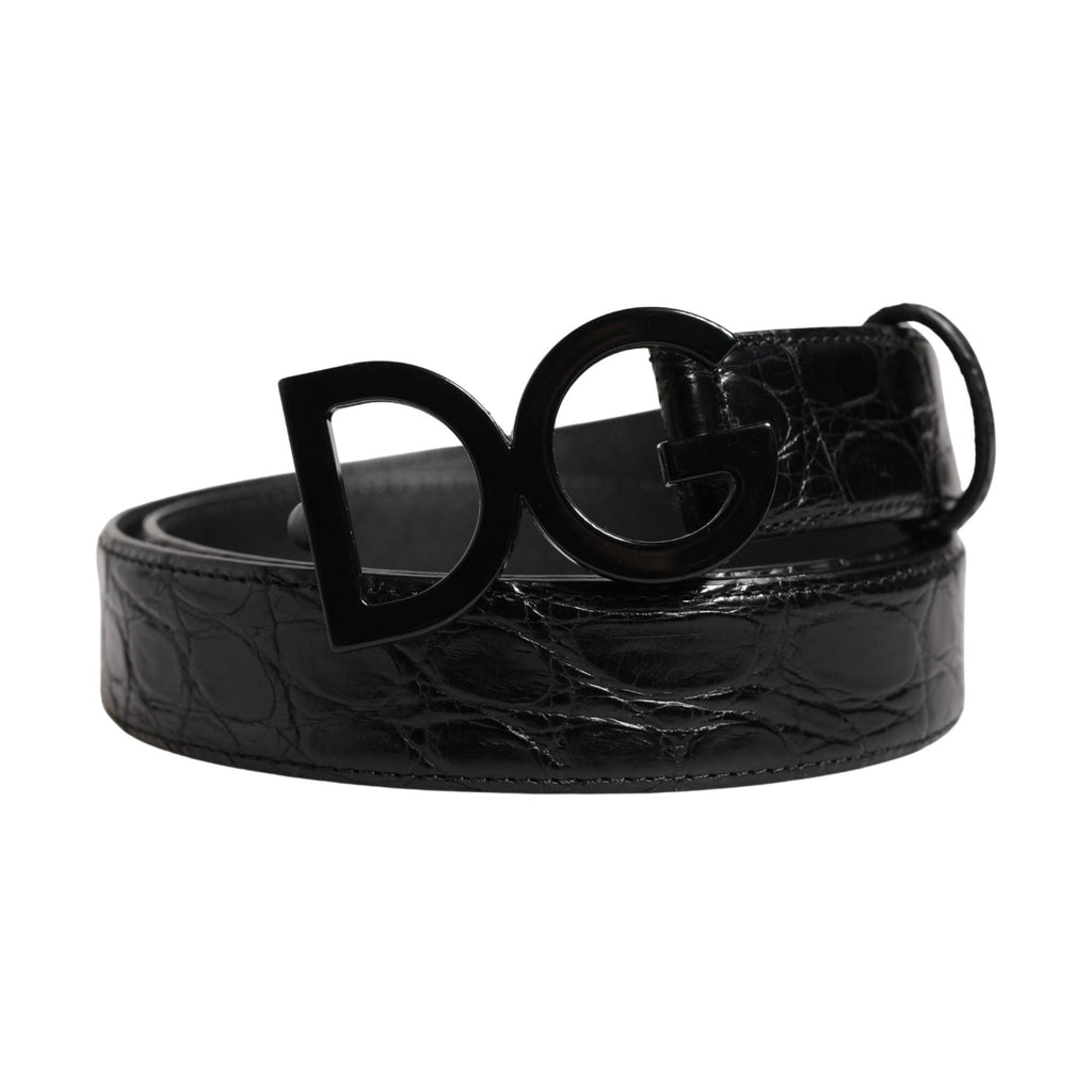 Men Black Exotic Leather Logo Buckle Belt