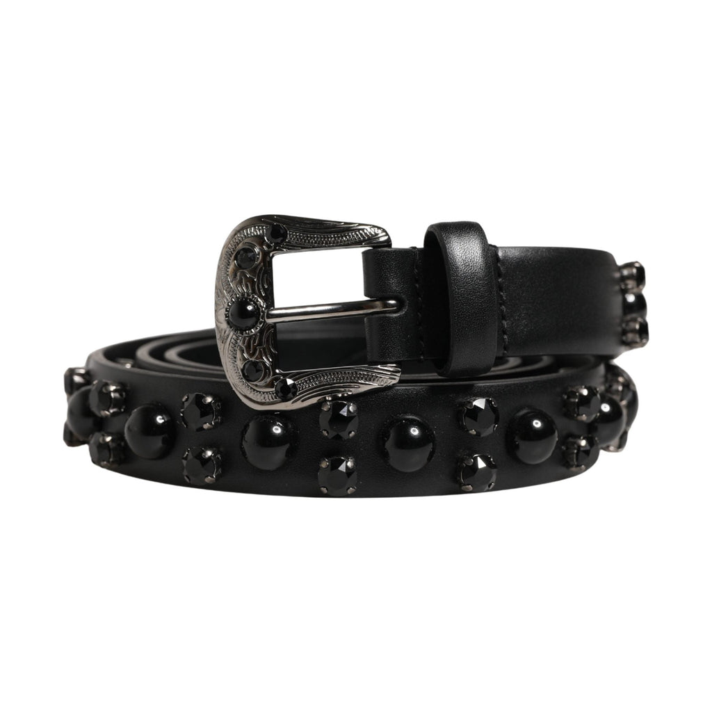 Men Black Calf Embellished Metal Buckle Belt