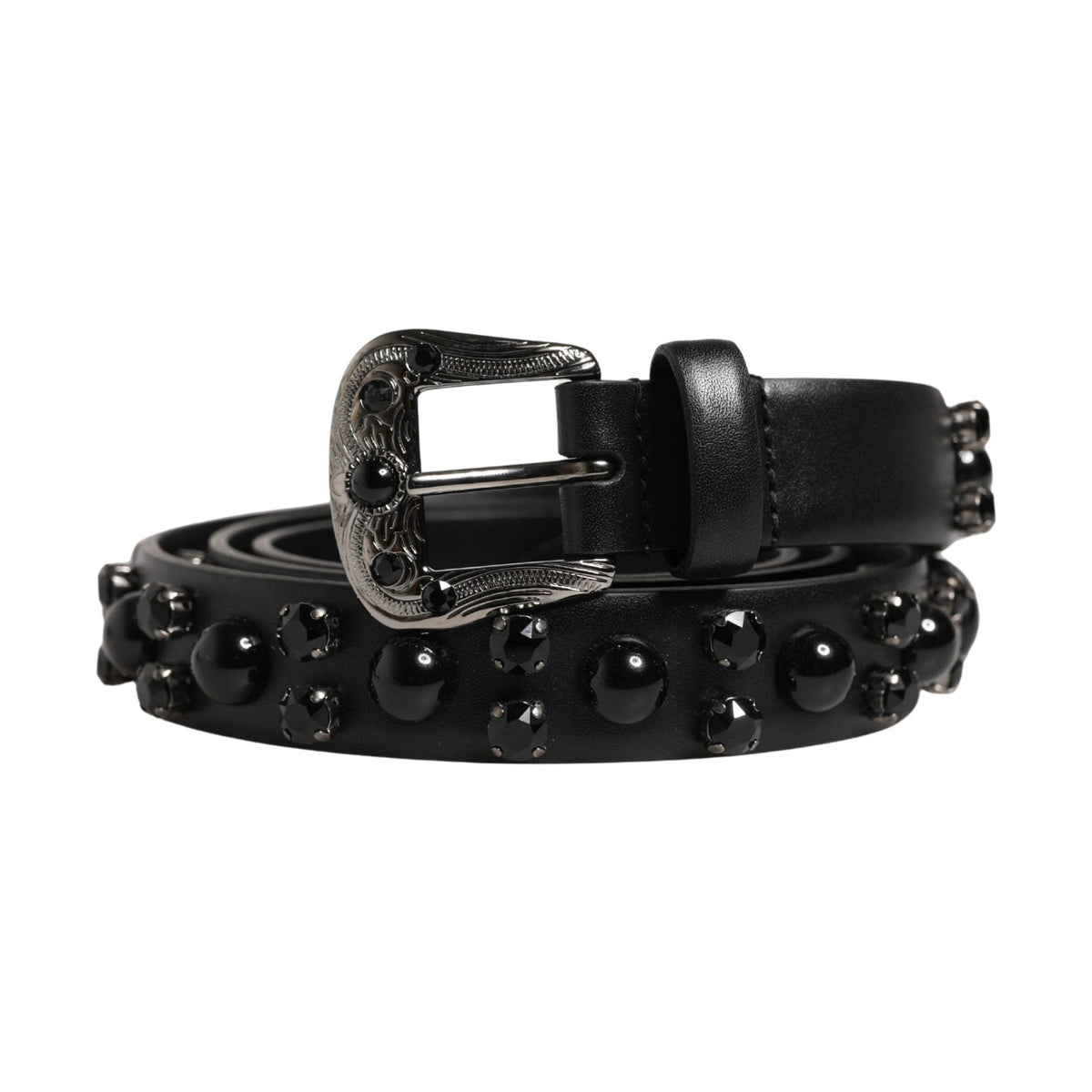 Men Black Calf Embellished Metal Buckle Belt