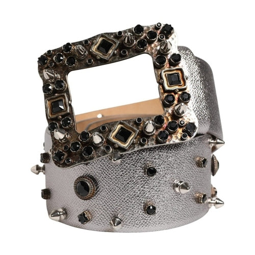 Dolce & Gabbana Silver Leather Crystal Metal Buckle Belt