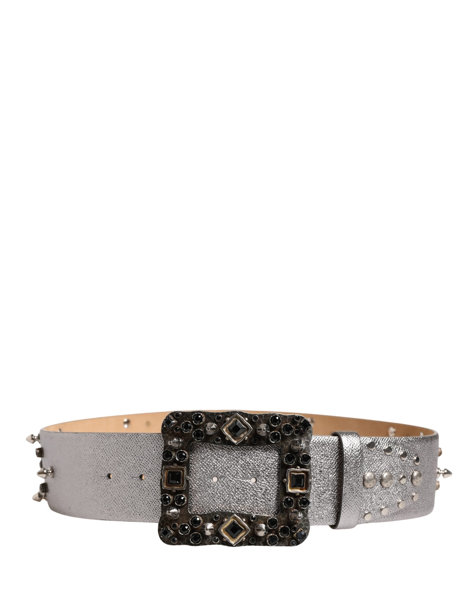 Dolce & Gabbana Silver Leather Crystal Metal Buckle Belt