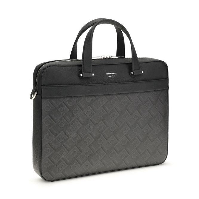 Ferragamo Gray Calf Leather Bos Taurus Briefcase
