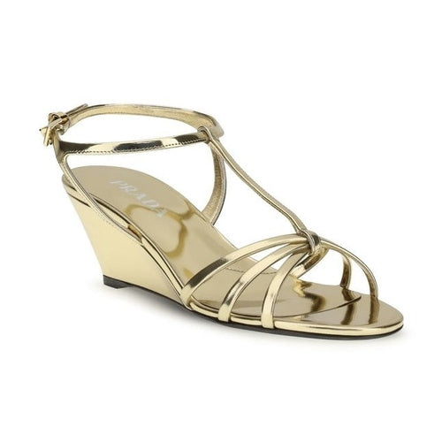 Prada Gold Calf Leather Bos Taurus Wedge Sandals
