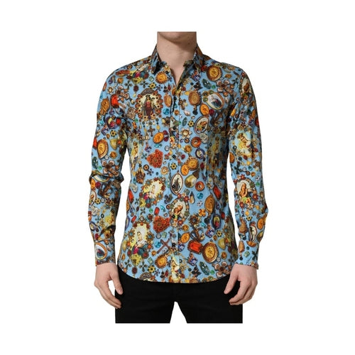 Dolce & Gabbana Blue Cotton Jewel Print Button Down GOLD Shirt