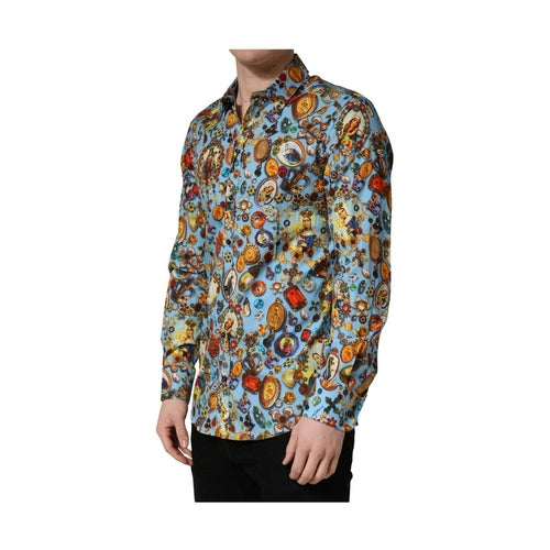 Dolce & Gabbana Blue Cotton Jewel Print Button Down GOLD Shirt