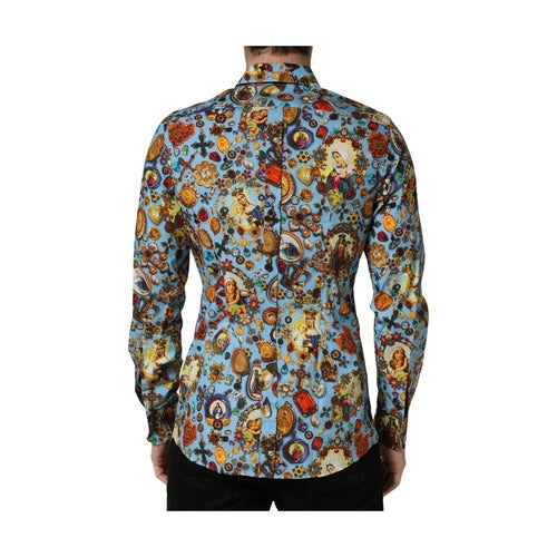 Dolce & Gabbana Blue Cotton Jewel Print Button Down GOLD Shirt